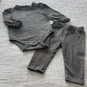 GAP Infant Girls Organic Cotton Bodysuit & Legging Set Green w Pink Floral 6-12M